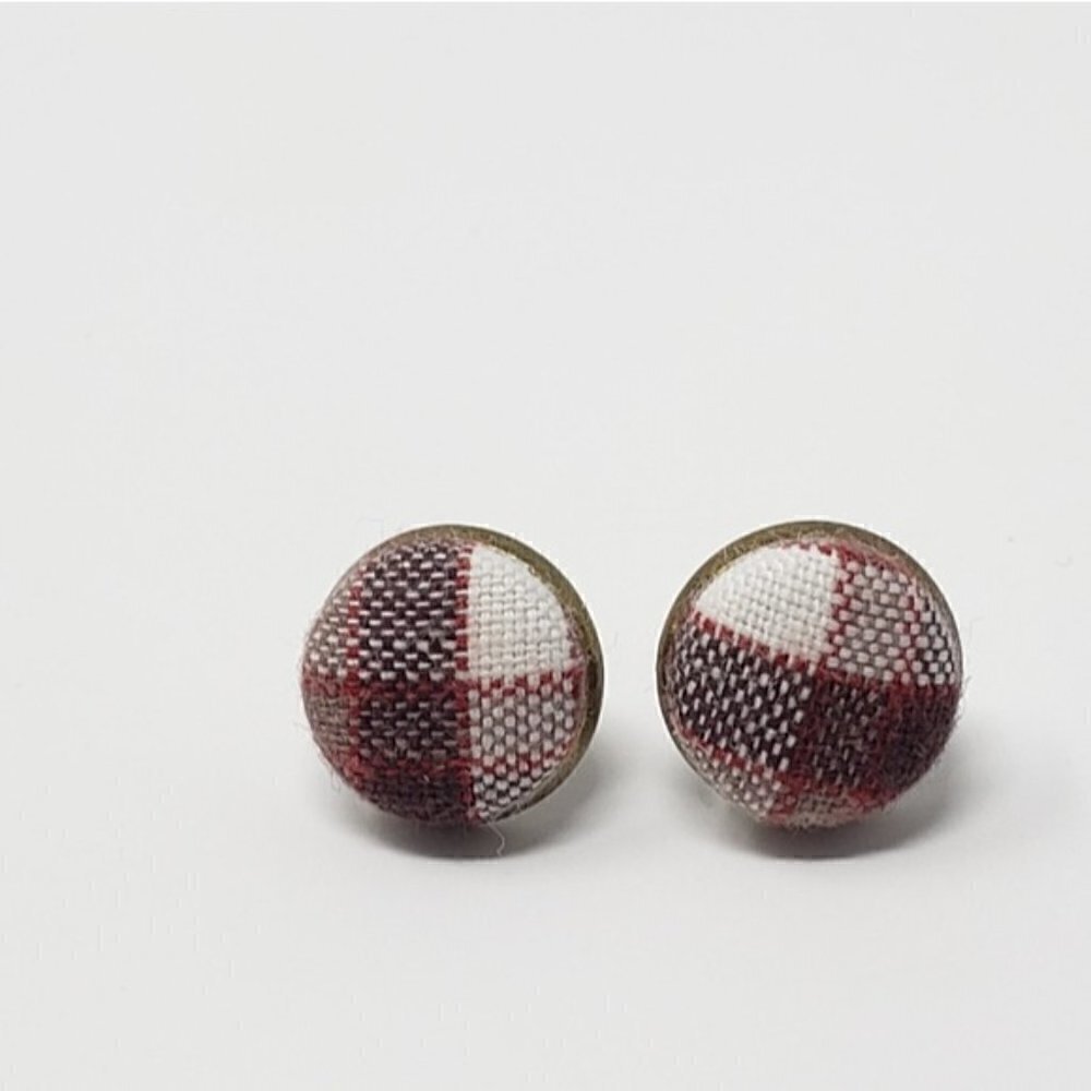 New Handmade Brown Plaid Upcycled Button Stud Earrings 0.5" Diameter
